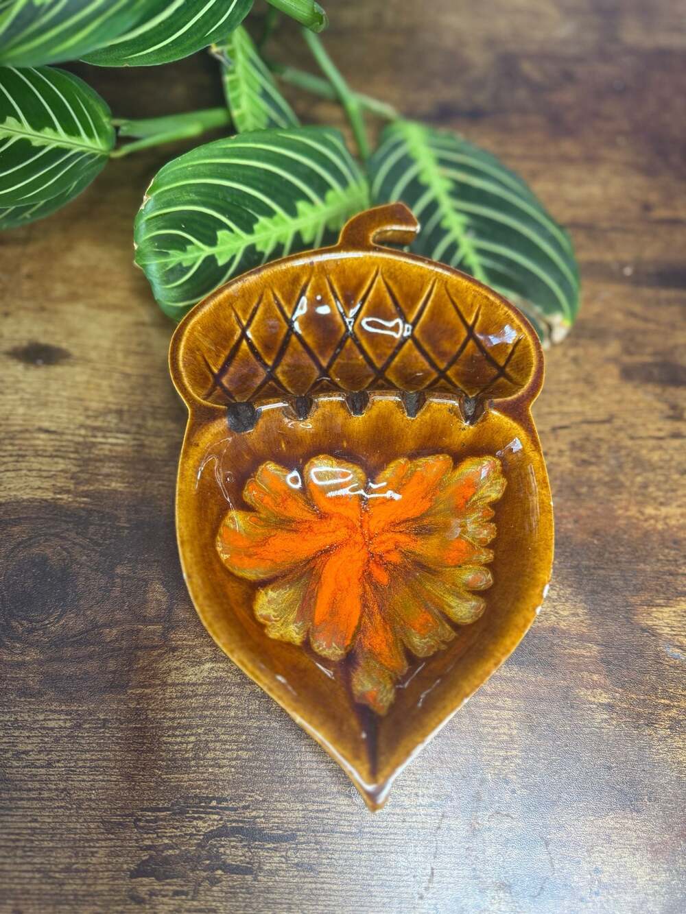 Vintage Mid-Century Modern Ceramic Acorn Ashtray Brown and Orange Glaze